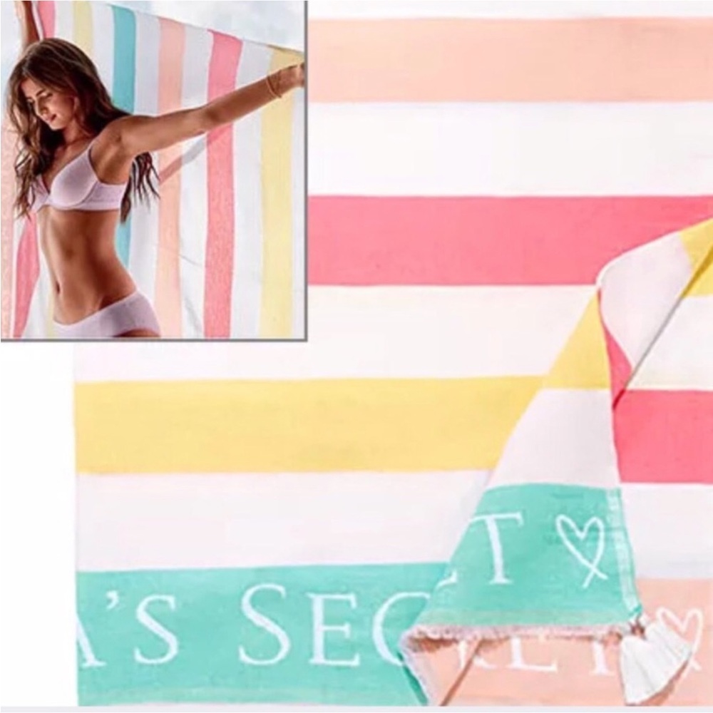 VS LOGO 100% COTTON BEACH BLANKET TOWEL COLORFUL STRIPES TASSEL BEACH COVERUP